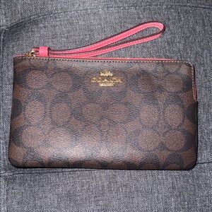 Coach Signature Brown Wristlet with Pink Trim